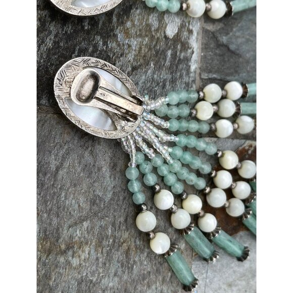 Vtg 1980's 4" Dangle Clip On Earrings White Oval With Silver Tone Metal 9 Strand - Picture 4 of 5